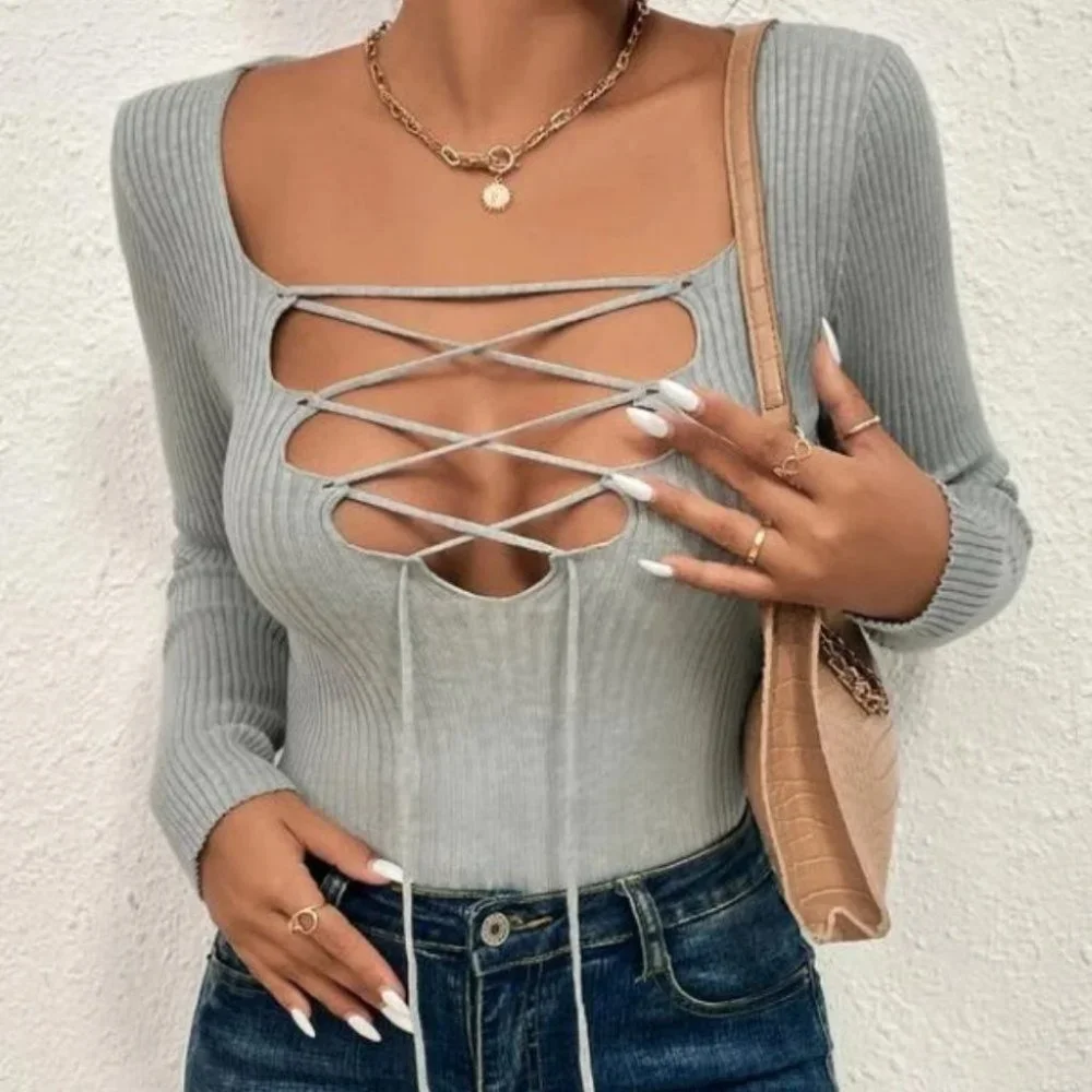 gray Lace Up Detailed Casual Long Sleeve Ribbed Shirt - Picture 2 of 6